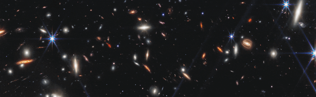 A JWST image of faint distant galaxies that resemble rare galaxies known as "green peas."