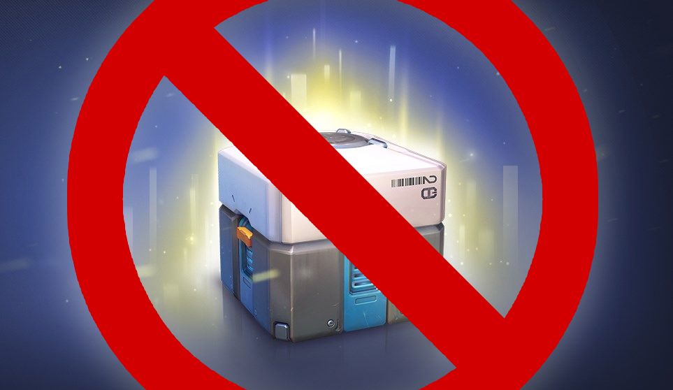 An Overwatch loot box with a red &quot;banned&quot; symbol