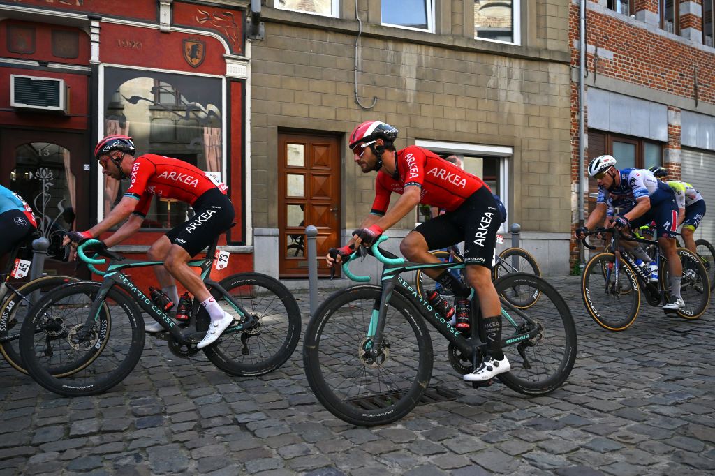 BINCHE BELGIUM OCTOBER 03 LR Amaury Capiot of Belgium and Luca Mozzato of Italy and Team Arkea Samsic compete during the 36th Binche Chimay Binche Mmorial Frank Vandenbroucke 2023 a 1986km one day race from Binche to Binche UCIWT on October 03 2023 in Binche Belgium Photo by Luc ClaessenGetty Images