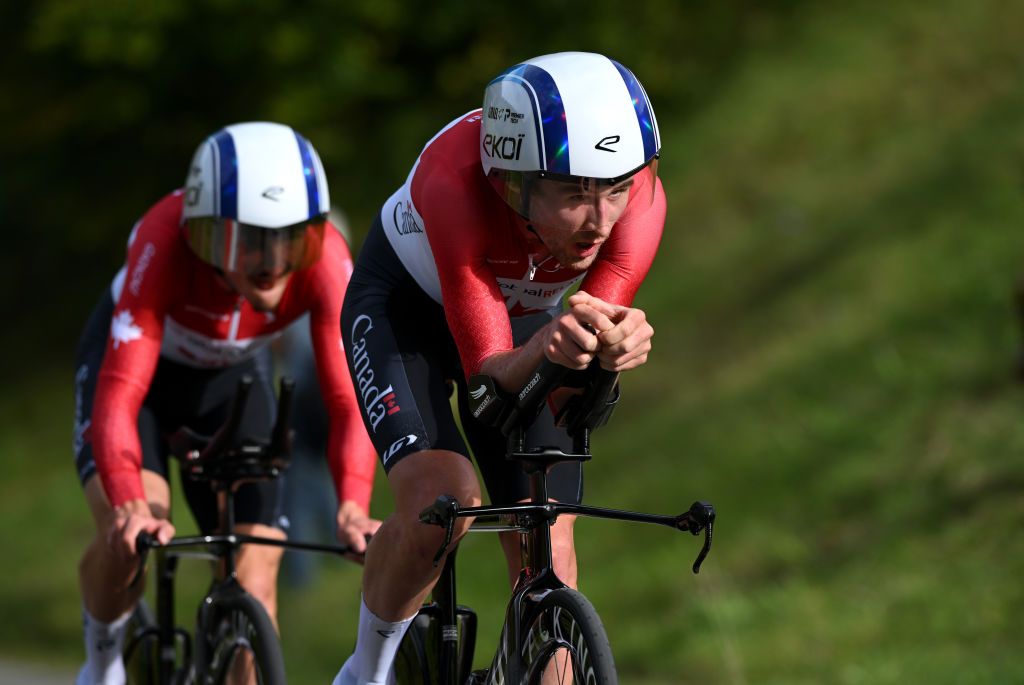ZURICH SWITZERLAND SEPTEMBER 25 LR PierAndre Cote and Derek Gee of Team Canada sprint during the 97th UCI Cycling World Championships Zurich 2024 Mixed Relay Team Time Trial a 537km one day race from Zurich to Zurich on September 25 2024 in Zurich Switzerland Photo by Dario BelingheriGetty Images