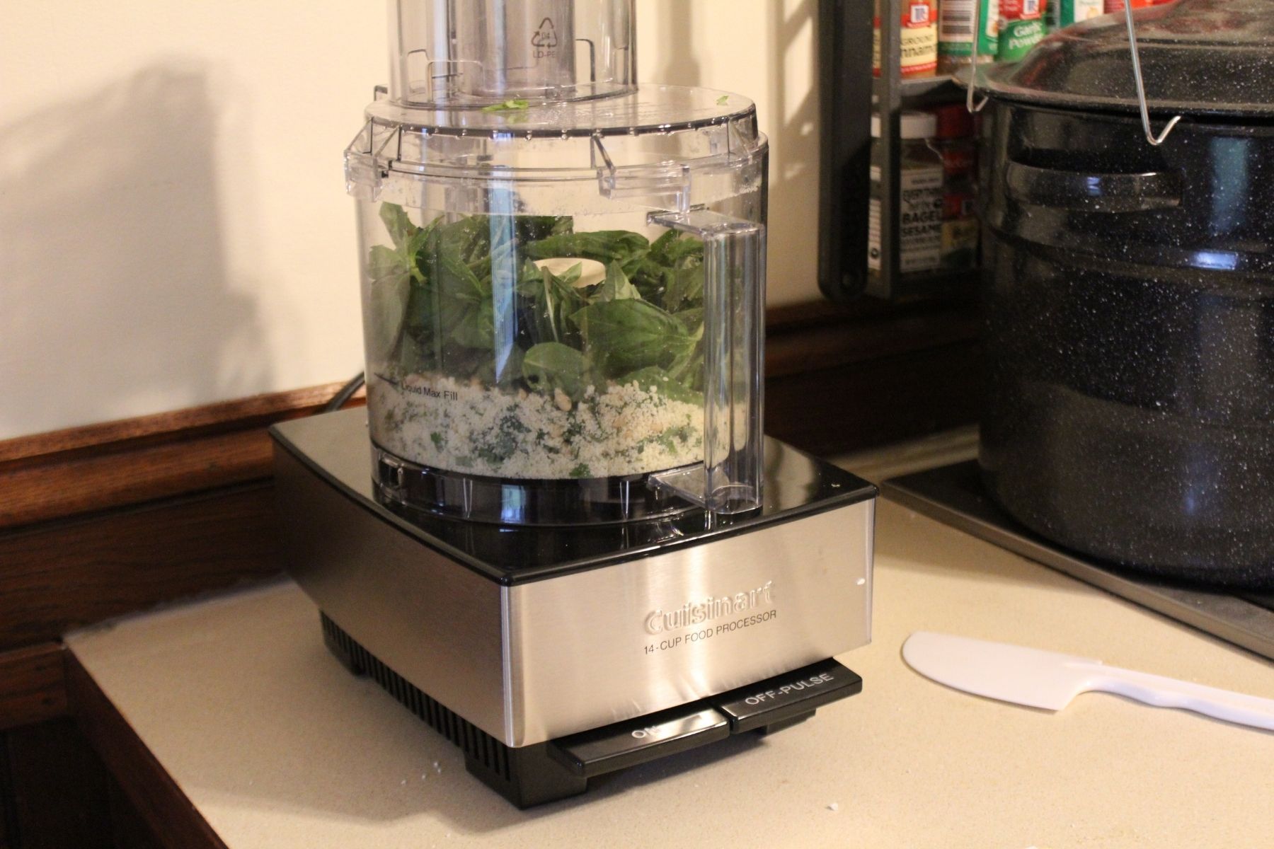 All the pesto ingredients in the Cuisinart Custom ready to combine