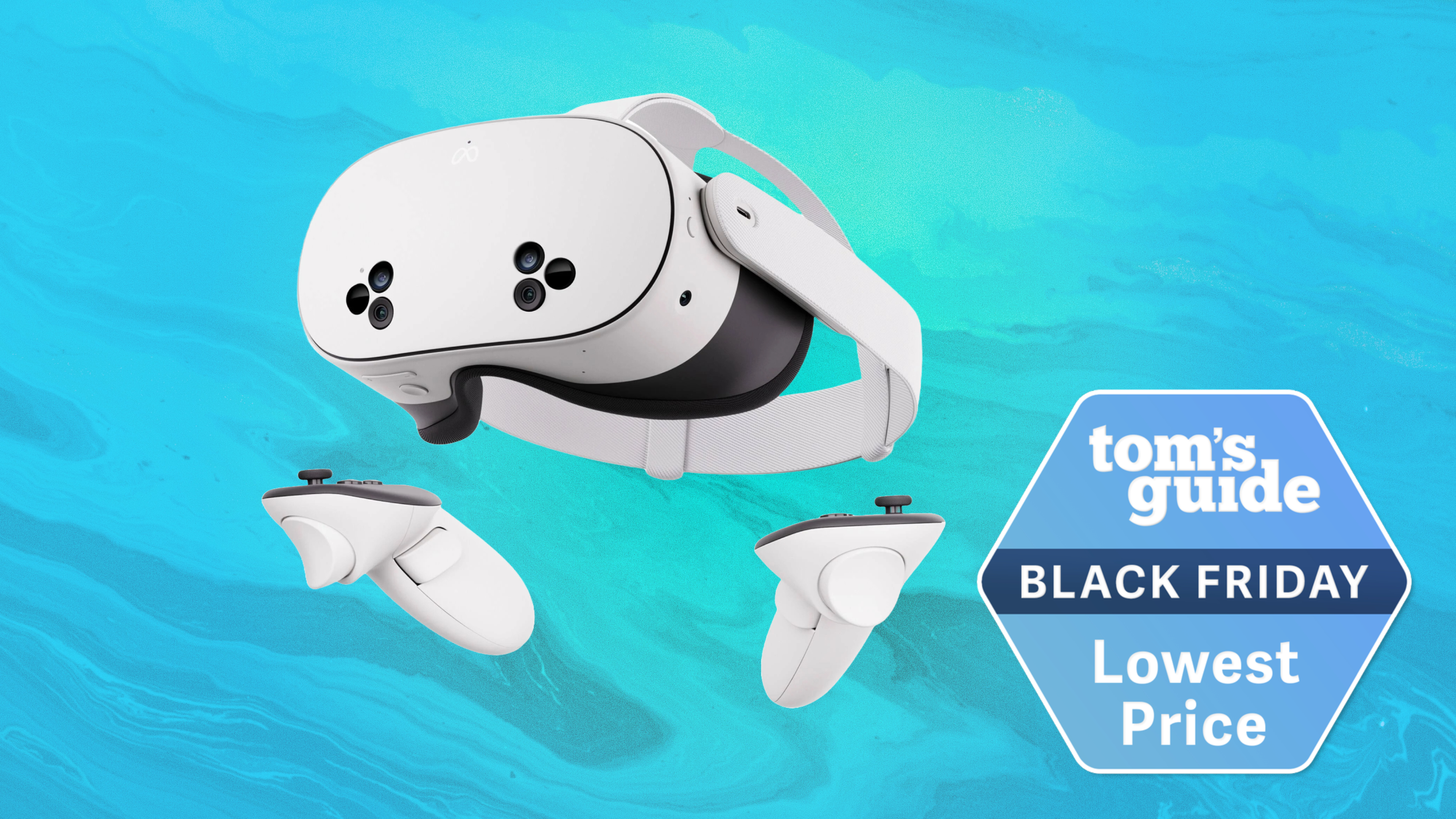 Meta Quest 3S on colored background with Tom's Guide Black Friday Lowest Price badge