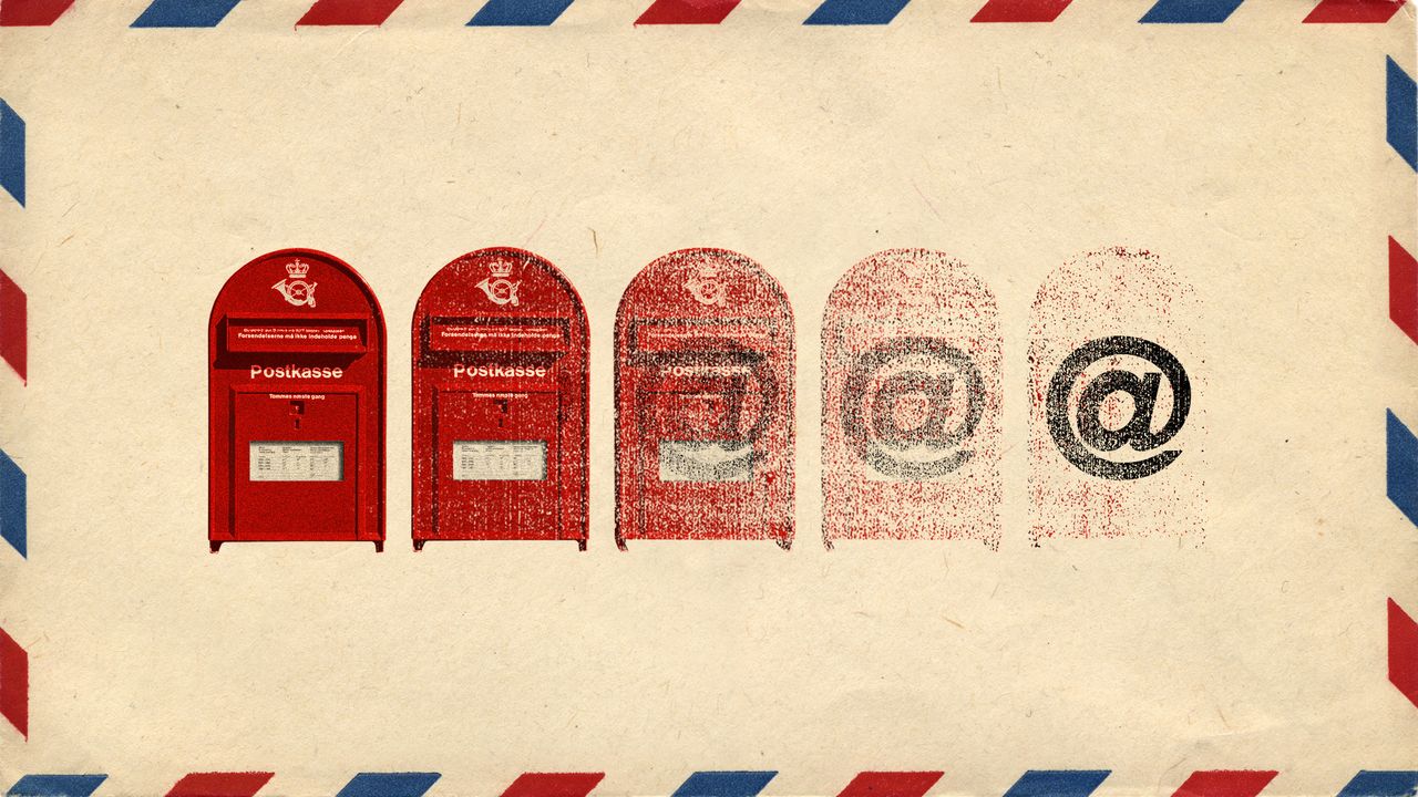 Photo collage of vanishing Danish post boxes, replaced by @ signs