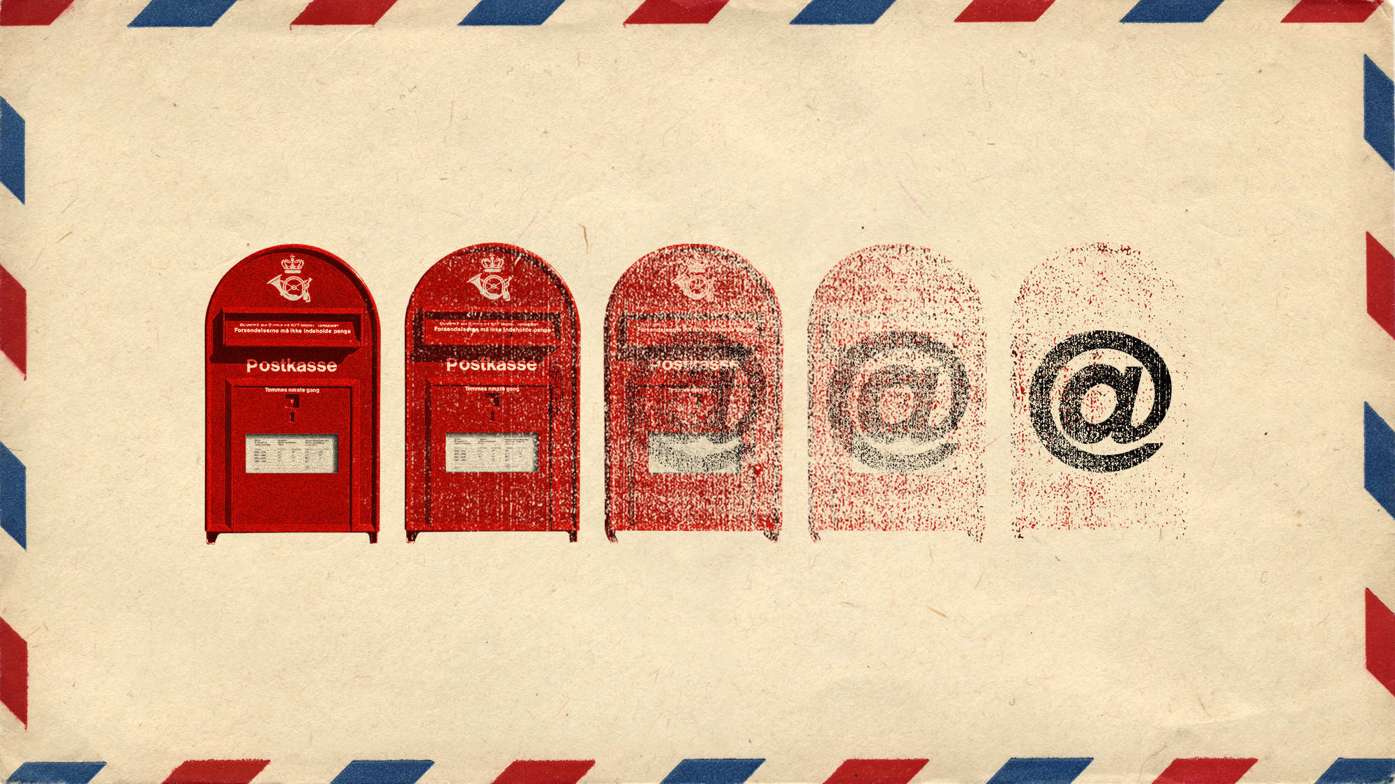 Photo collage of vanishing Danish post boxes, replaced by @ signs