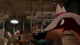 A Toon Patrol weasel looks off to the side in the Acme Warehouse in Who Framed Roger Rabbit.