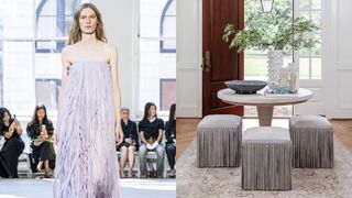 Proenza Schouler fringe dress alongside House of Nomad designed interior with fringe chairs