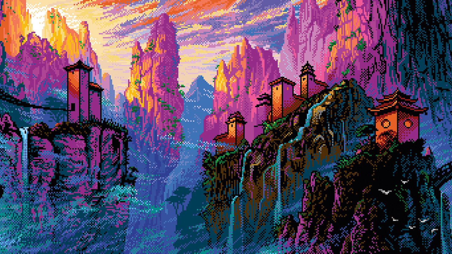 Pixel art: Traditional Chinese buildings nestled among the mountains