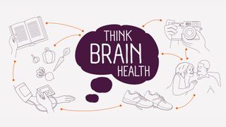 Think Brain Health title in the middle, surrounded by line drawings of someone exercising, holding a camera, checking their blood pressure, socialising