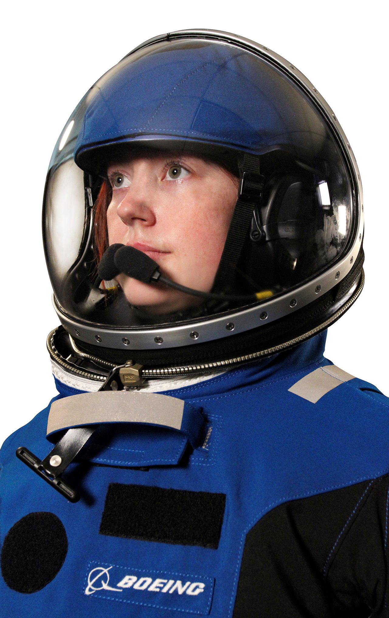 Detail shot of the integrated helmet that is part ILC Dover's Ascent and Entry Suit (AES) for Boeing's CST-100 Starliner spacecraft. The faceplate can be removed and replaced separately.