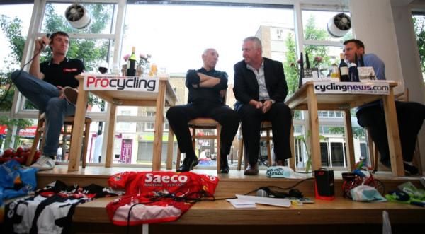 The evening's panel: Daniel Lloyd, Phil Liggett, Jeremy Whittle and Richard Moore.