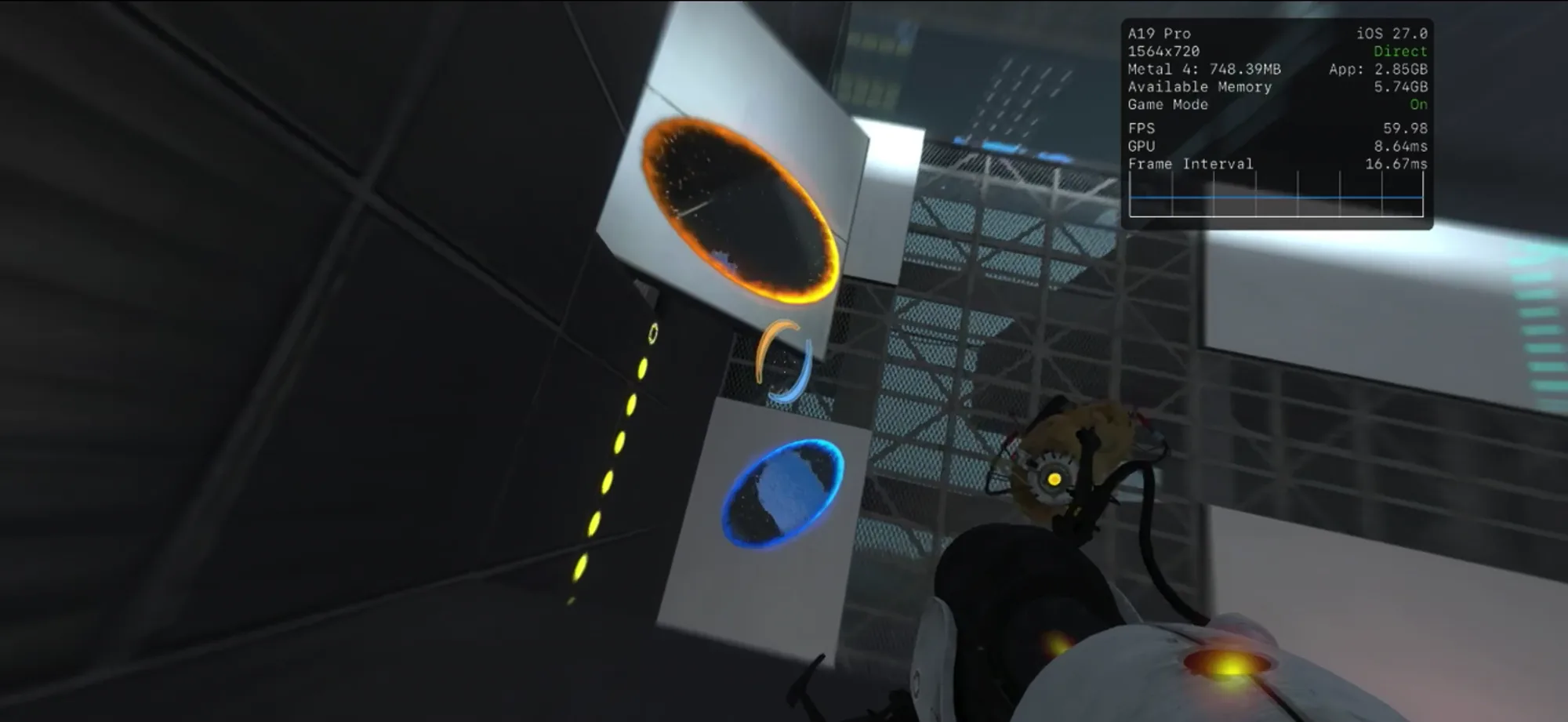Portal 2 running at nearly 60 FPS on an iPhone using PlayPort, with performance statistics displayed in the top-right corner.