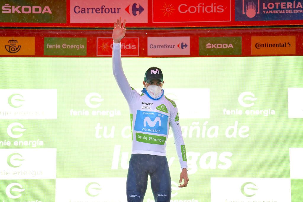 SALLENT DE G&Atilde;LLEGO, SPAIN - OCTOBER 25: Podium / Marc Soler Gimenez of Spain and Movistar Team White Best Young Jersey / Celebration / during the 75th Tour of Spain 2020 - Stage 6 a 146,4km stage from Biescas to Sallent de G&Atilde;&iexcl;llego - Aram&Atilde;&sup3;n Formigal 1790m / @lavuelta / #LaVuelta20 / La Vuelta / on October 25, 2020 in Sallent de G&Atilde;&iexcl;llego, Spain. (Photo by Justin Setterfield/Getty Images)