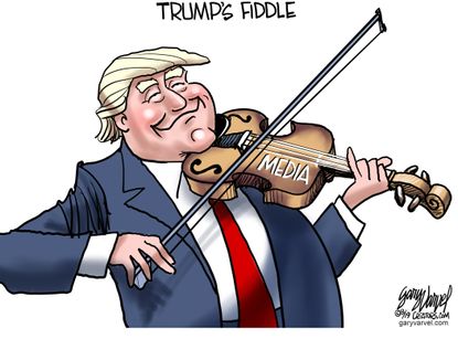 Political Cartoon U.S. Trump's Fiddle Playing Media Manipulation Racism Anti-Semitism