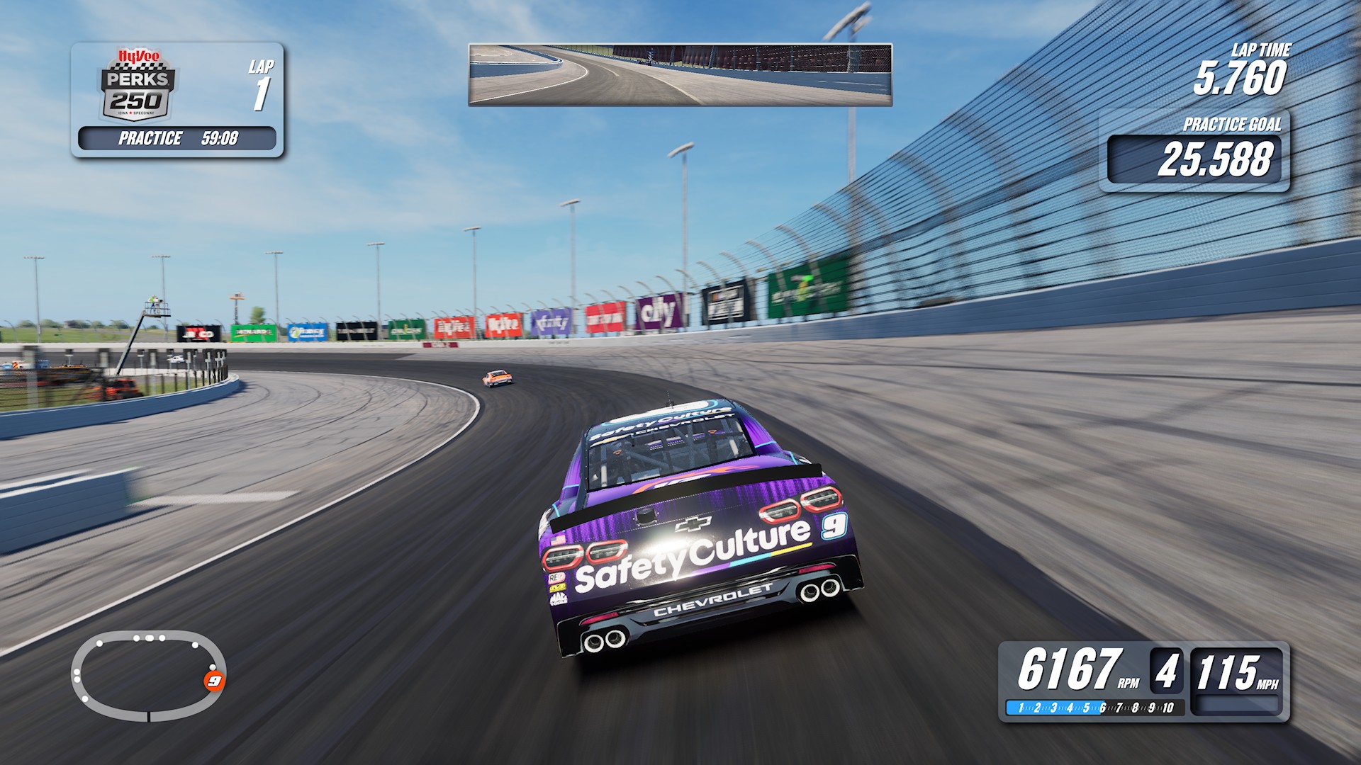 A screenshot from NASCAR 26 showing the in-game HUD over a practice session at Iowa Speedway featuring Shane van Gisbergen.