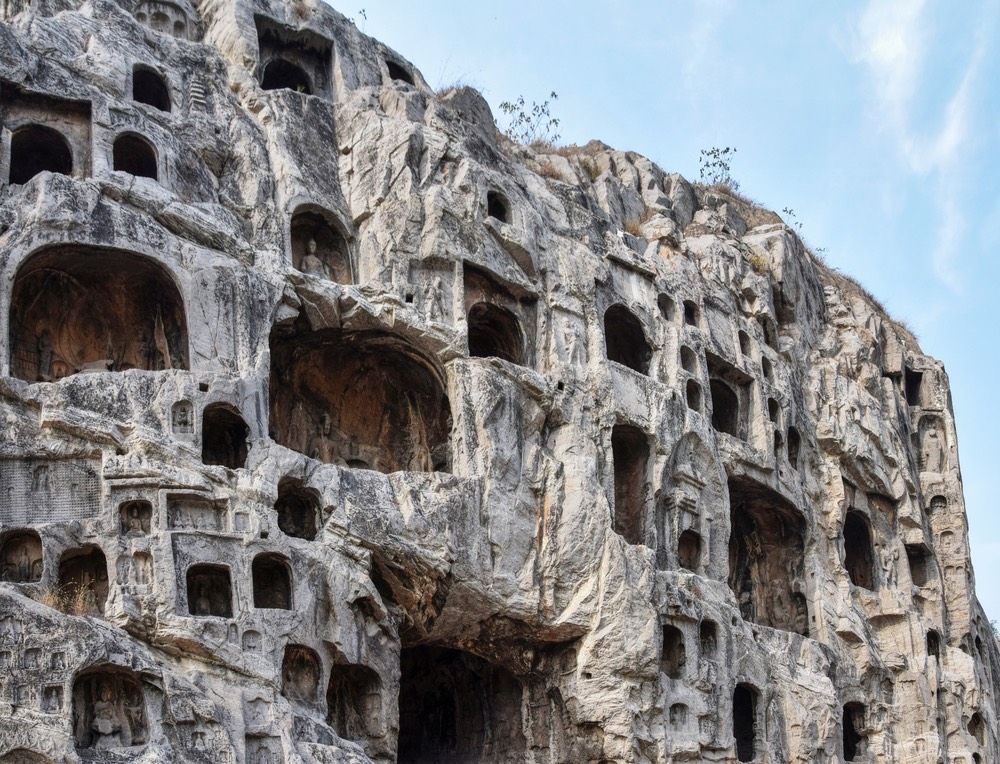 Silk proteins were found in tombs at Jiahu in the Henan Province in central China. Shown here, grottoes in Henan Province.