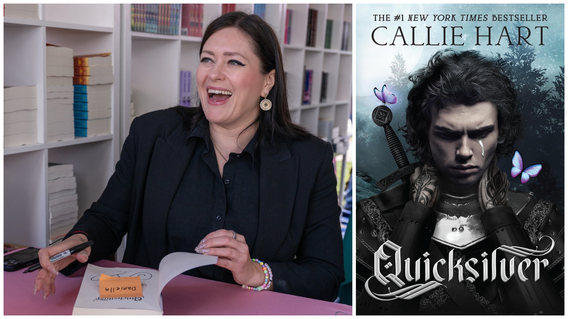 an image of author callie hart signing a book and smiling next to a split image of the book cover for quicksilver featuring a knight shedding a tear