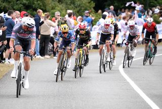 BOULOGNE-SUR-MER - JULY 06: (L-R) Stage winner Mathieu van der Poel of Netherlands and Team Alpecin - Deceuninck, Remco Evenepoel of Belgium and Team Soudal Quick-Step, Jonas Vingegaard of Denmark and Team Visma | Lease a Bike and Tadej Pogacar of Slovenia and UAE Team Emirates - XRG compete climbing the Cote d'Outreau during the 112th Tour de France 2025, Stage 2 a 209.1km stage from Lauwin-Planque to Boulogne-sur-Mer / #UCIWT / on July 06, 2025 in Boulogne-sur-Mer, France.