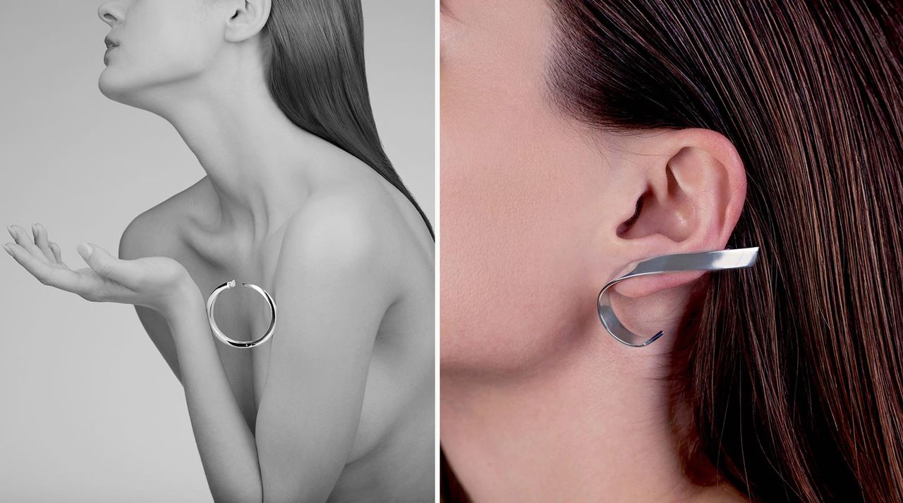 left, woman holding bracelet and right, women wearing fluid earring