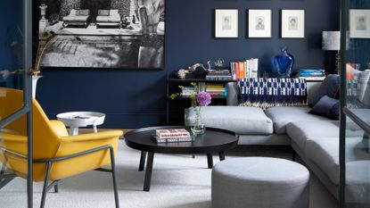 Navy blue living room with yellow chair and internal crittall doors