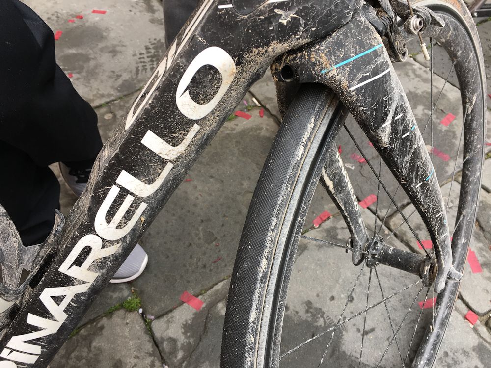 Plenty of the Tuscan mud from Strade Bianche left on Kwiatkowski's bike after the race.