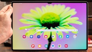 Samsung Galaxy Tab S10 Ultra showing home screen with new AI generated wallpaper