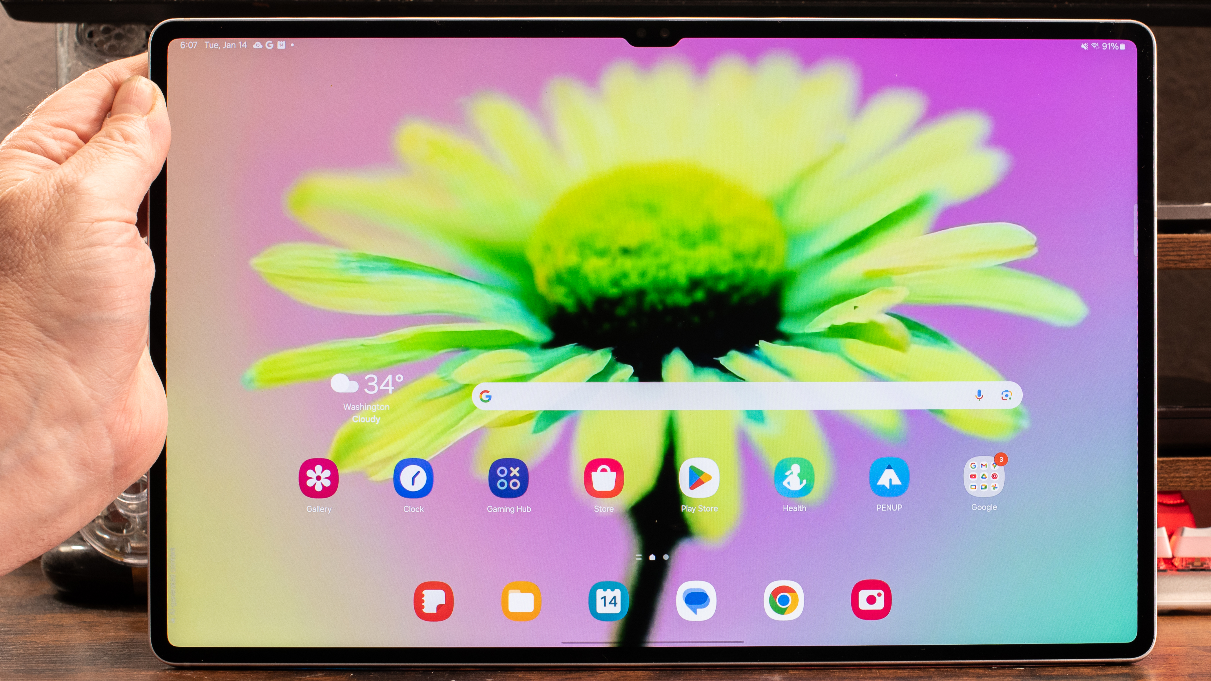 Samsung Galaxy Tab S10 Ultra showing home screen with new AI generated wallpaper