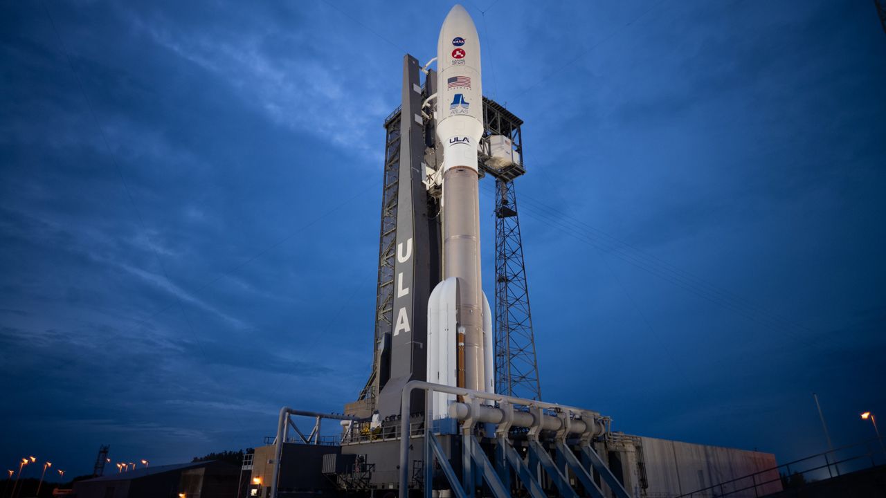 A United Launch Alliance Atlas V rocket with NASA&rsquo;s Mars 2020 Perseverance rover onboard is seen illuminated by spotlights on the launch pad at Space Launch Complex 41, Tuesday, July 28, 2020, at Cape Canaveral Air Force Station in Florida.
