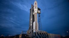 A United Launch Alliance Atlas V rocket with NASA&rsquo;s Mars 2020 Perseverance rover onboard is seen illuminated by spotlights on the launch pad at Space Launch Complex 41, Tuesday, July 28, 2020, at Cape Canaveral Air Force Station in Florida.