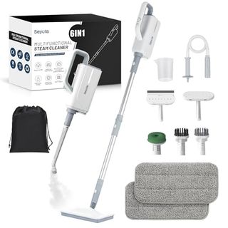 Silver and white steam Mop for Floor Cleaning With Detachable Handheld 6-In-1 Multi-Function Attachments and black kit bag.