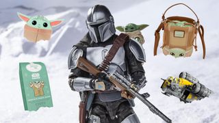 The Mandalorian and Grogu action figure posing against a snowy background, with Mando and Grogu-themed items buried in the snow around them