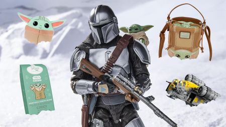 The Mandalorian and Grogu action figure posing against a snowy background, with Mando and Grogu-themed items buried in the snow around them