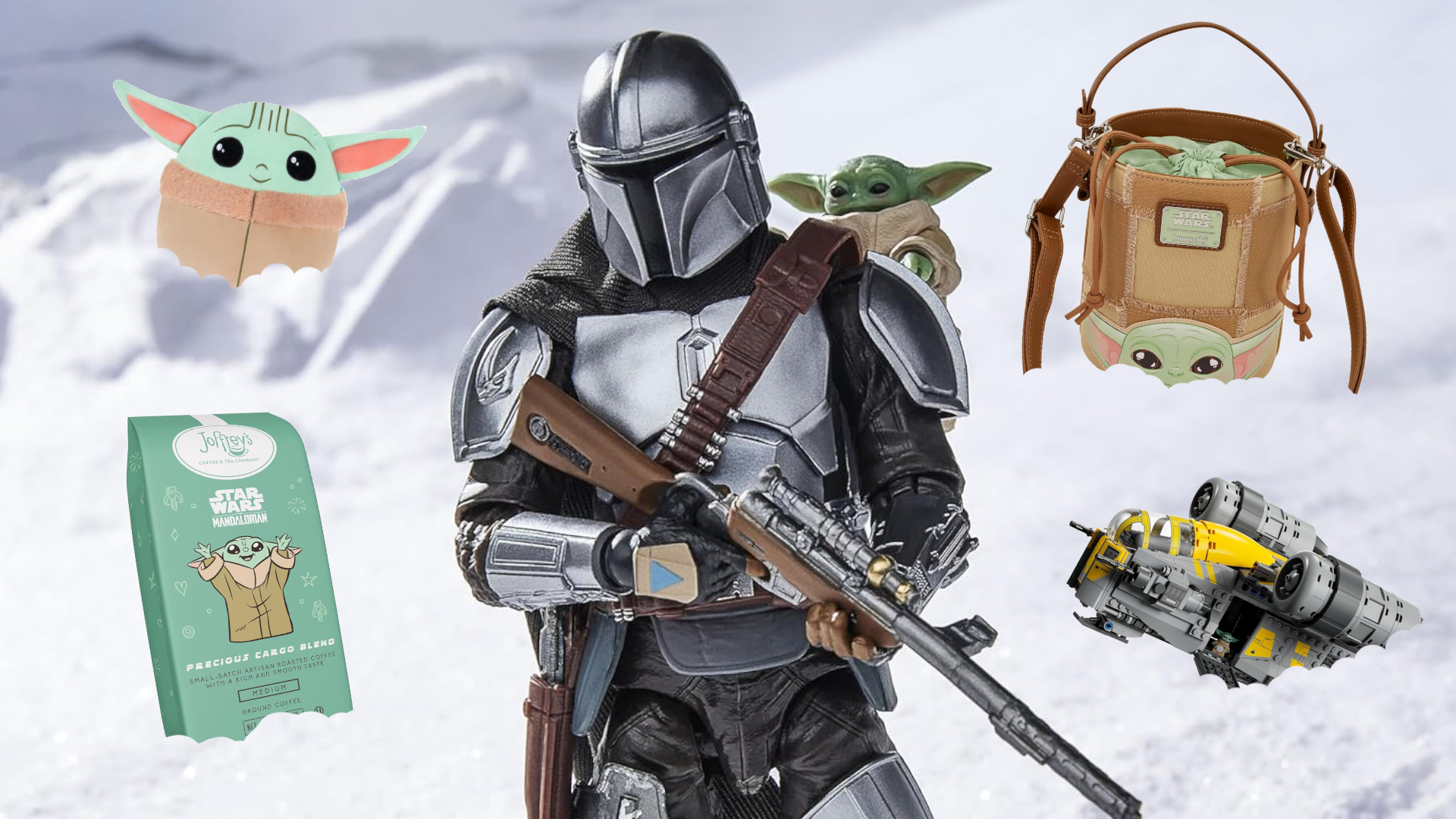 The Mandalorian and Grogu action figure posing against a snowy background, with Mando and Grogu-themed items buried in the snow around them