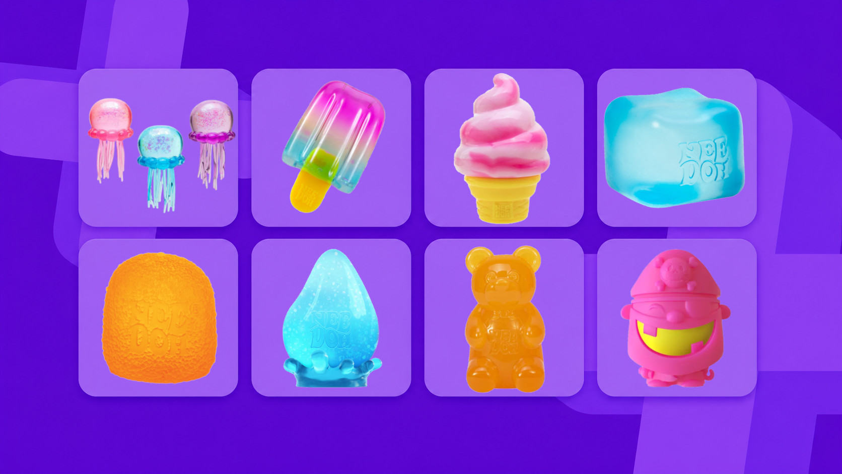 NeeDoh toys on a purple background