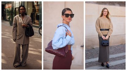 women wearing low-key basics (blazers, trousers, button-down shirts, sweaters, skirts)