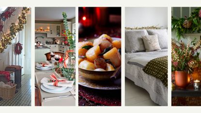 Compilation image of rooms in ahouse decorated for the holidays to share Christmas hosting tips