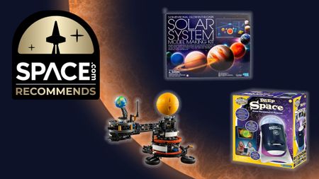 A Lego kit of the earth orbiting the sun, a home planetarium and a box with the planets of the solar system are in a triangular formation infront of an orange planet with the space.com logo in the top left corner.