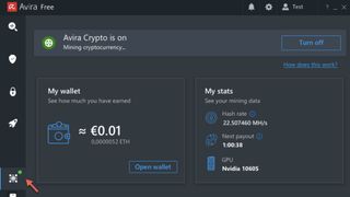 Screenshot of Avira's crypto mining app in operation