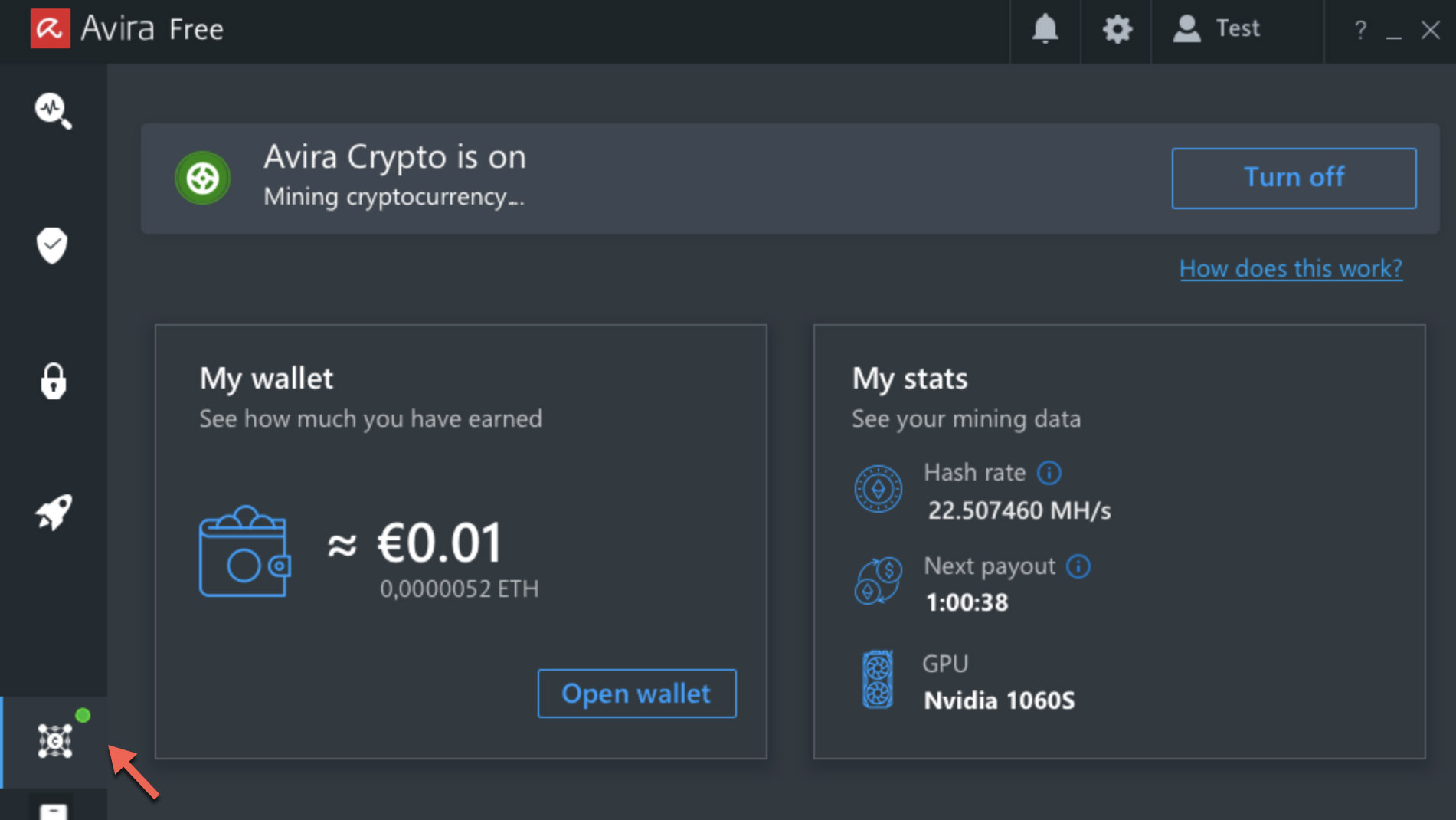 Screenshot of Avira's crypto mining app in operation