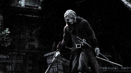 Key art for No Vacation for an Executioner showing the Executioner, gun in hand, against a shadowy background - cropped for a header image