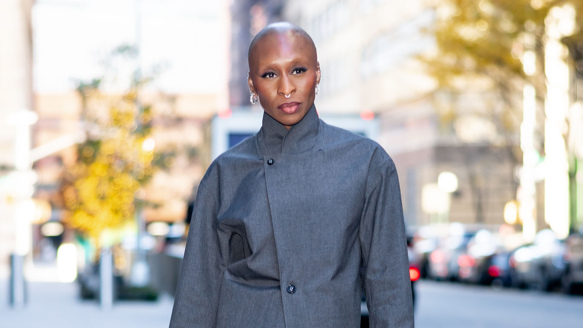 Cynthia Erivo wearing a gray blazer dress 
