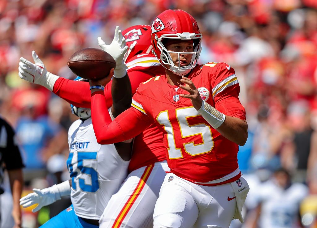 Patrick Mahomes #15 of the Kansas City Chiefs looks for an open receiver during the first quarter of a preseason game against the Detroit Lions at GEHA Field at Arrowhead Stadium on August 17, 2024 