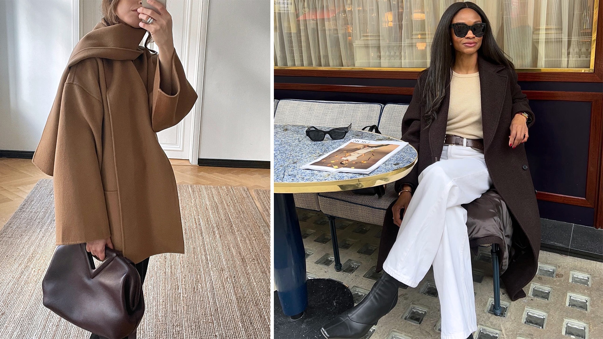 Style influencers Johanna Piispa and Lorna Humphrey pose in chic winter 2025/2026 outfit ideas with a camel scarf coat, burgundy bag, brown coat, butter yellow sweater, brown belt, white jeans, and black square-toe boots.