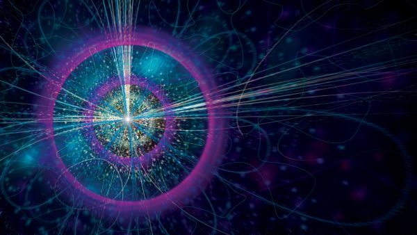 An abstract image of a high-energy collision creating a new particle such as the Higgs boson.