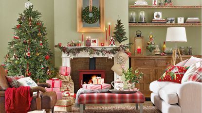 Green living room decorated with Christmas with one of the best artificial Christmas trees