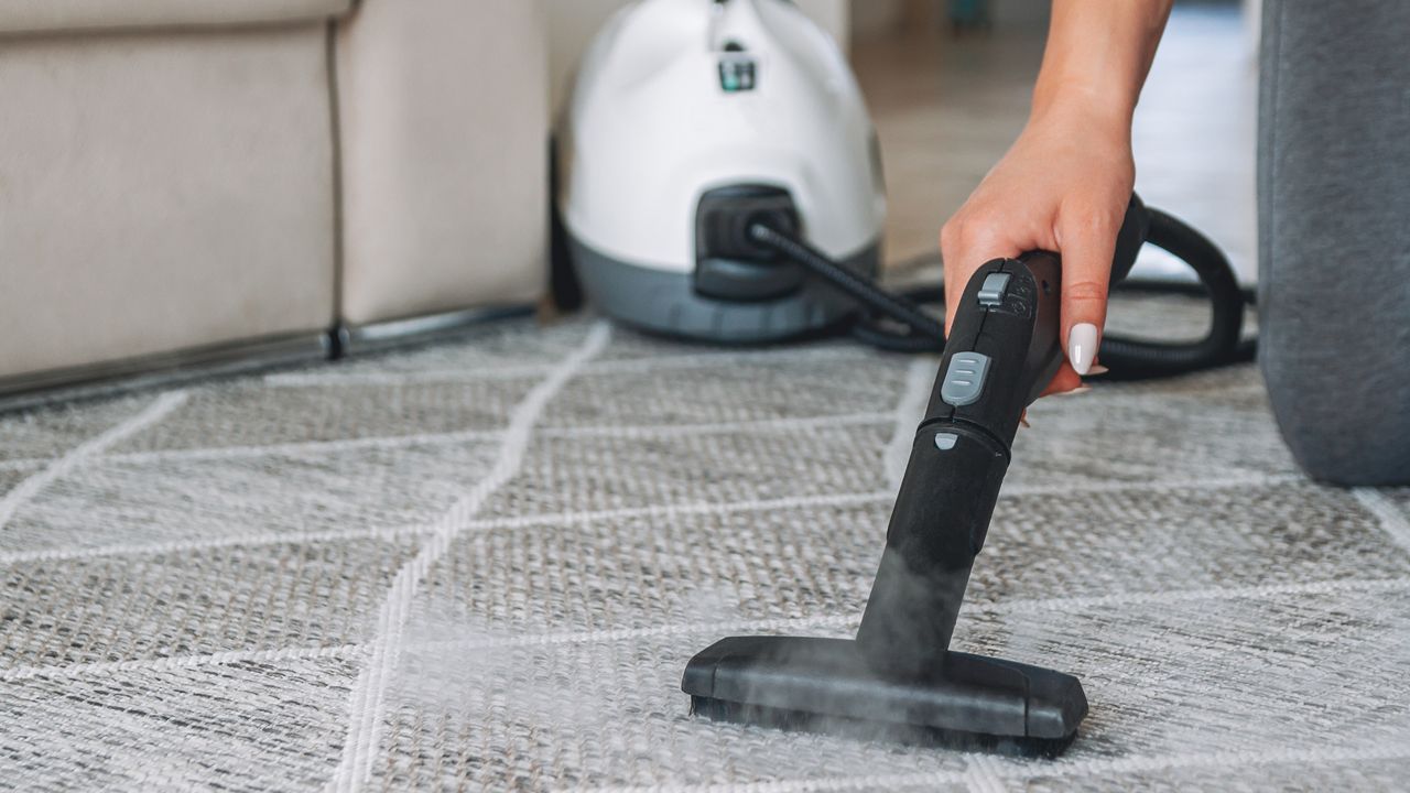 Woman using steam cleaner to clean carpet