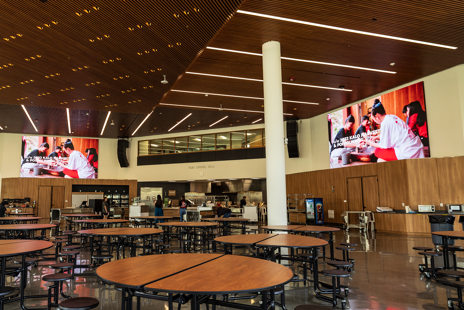 Mounted high in the dining hall are two 16-foot-wide-by-12-foot-high Planar DirectLight Essential Series LED video walls with 1.5mm pixel pitches.