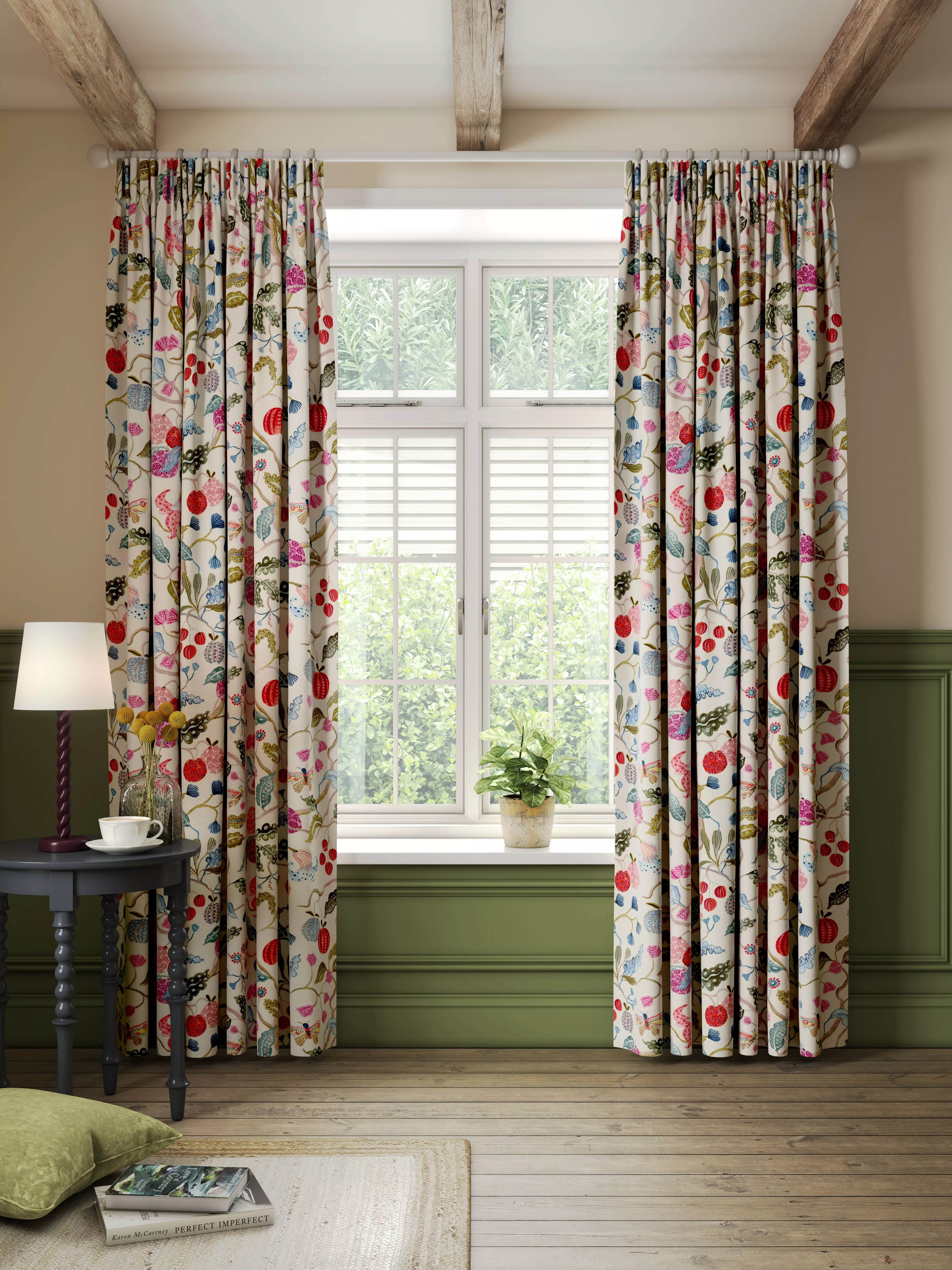 John Lewis Fruit Tree Print Pencil Pleat Pair Blackout Lined Curtains, Multi