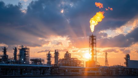 A large industrial flare stack burns brightly against a dramatic sunset sky, with silhouetted refinery structures in the background.