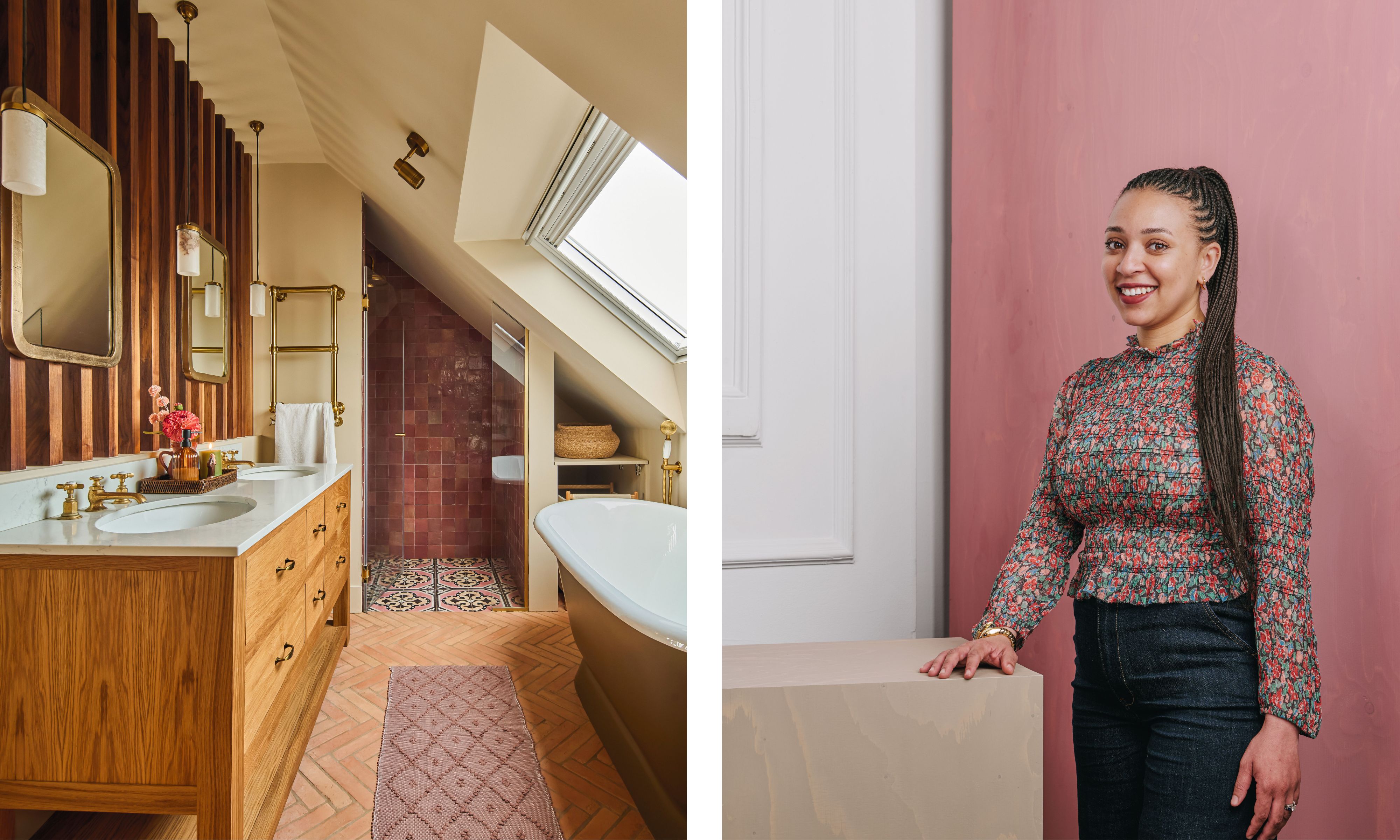 An attic bathroom with wood slat walls, brass fixtures, and a freestanding tub. Right: Designer Chizitera Pennington in a floral smocked top and dark jeans stands against a pink and white wall.