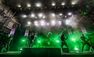 Jens Kidman, Fredrik Thordendal, Tomas Haake, Mårten Hagström and Dick Lövgren of Meshuggah perform at Bloodstock Open Air Festival 2023 at Catton Hall on August 12, 2023 in Derby, England.